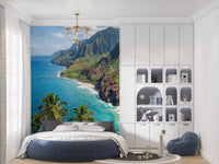 Tropical Hawaii arrives in a calm bedroom with this Na Pali coast wall mural.GD9593