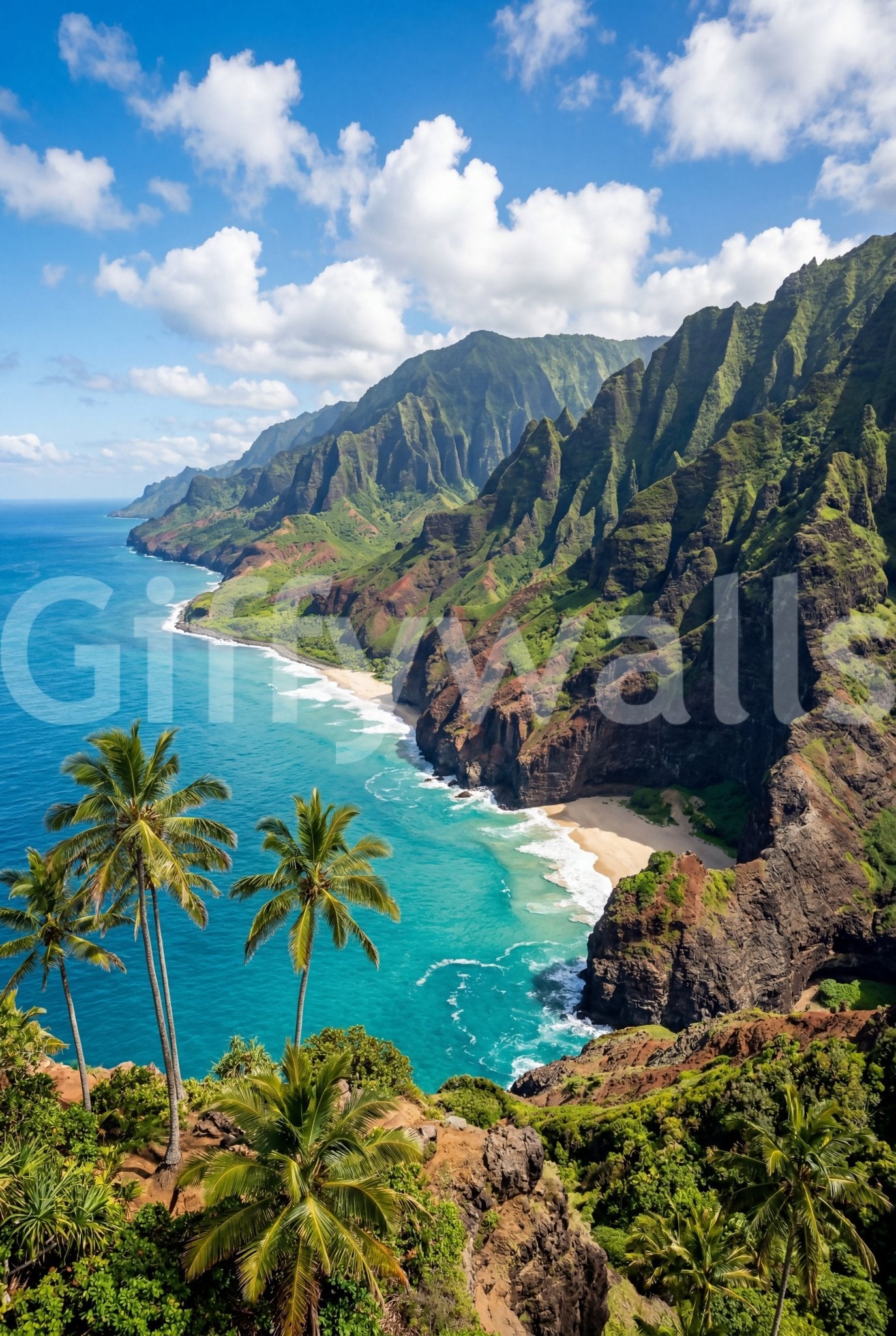 Folded ridges of green fill the cliff face of this tropical Hawaii wall mural.GD9593