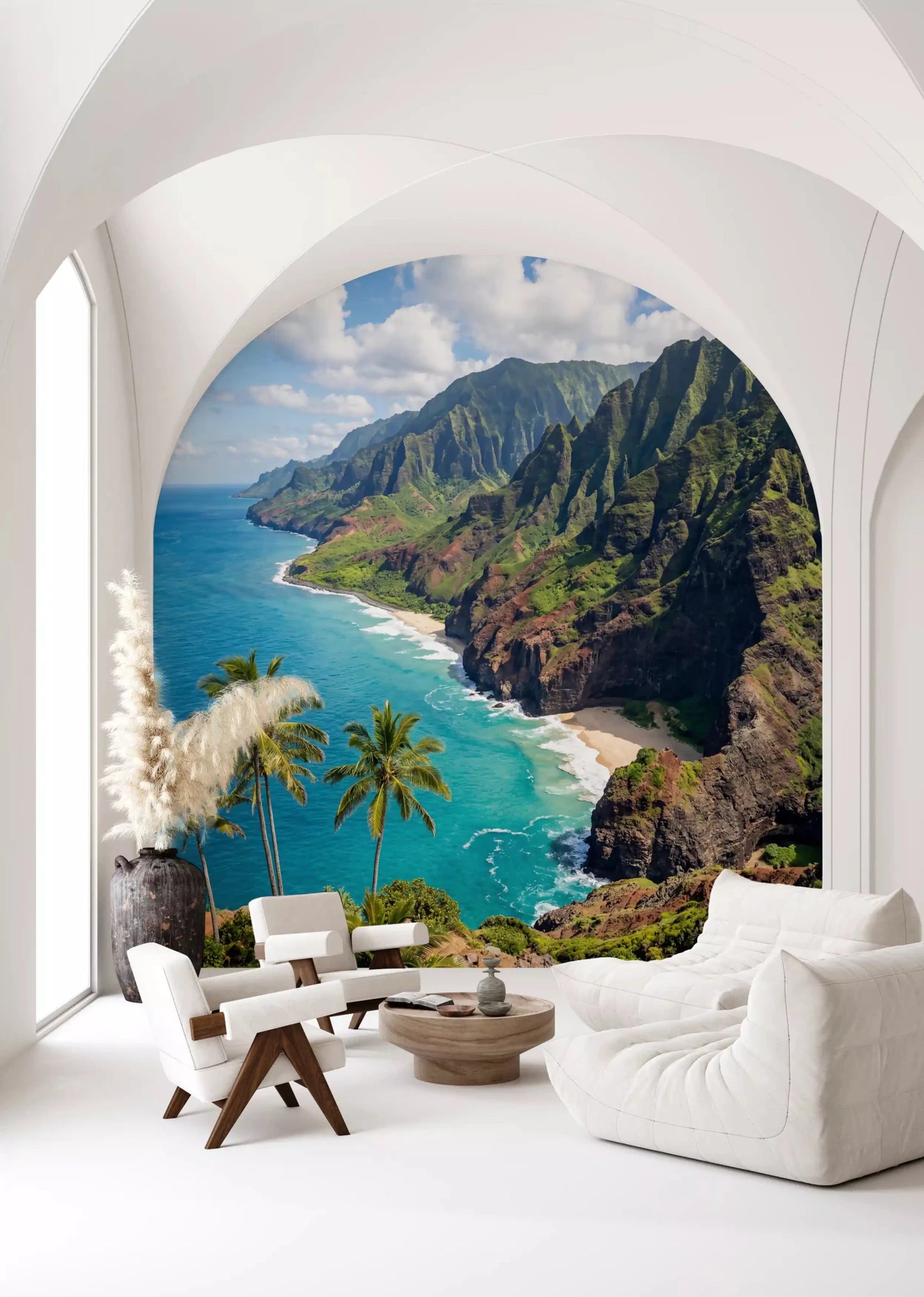 Past an open archway, the entryway feels tropical with this emerald cliffs wall mural.GD9593
