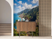 Sheer green cliffs rise high above the ocean throughout this Na Pali coast wall mural.GD9593
