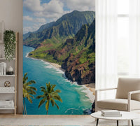 Palm fronds frame the foreground of this emerald cliffs wall mural GD9593