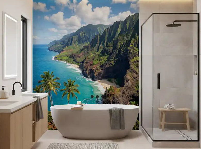 Coastline depth flows into a calm bathroom through this azure sea wall mural.GD9593