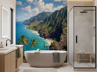 Coastline depth flows into a calm bathroom through this azure sea wall mural.GD9593