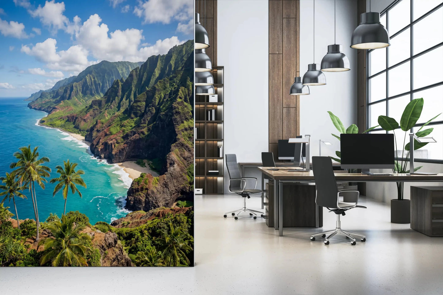 Set against a Home office area, this Na Pali wall mural opens to coastal blue.GD9593