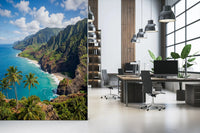 Set against a Home office area, this Na Pali wall mural opens to coastal blue.GD9593