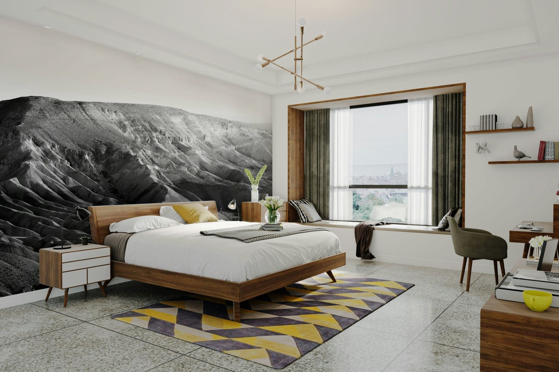 A peaceful open desert mural on decorative wallpaper.

