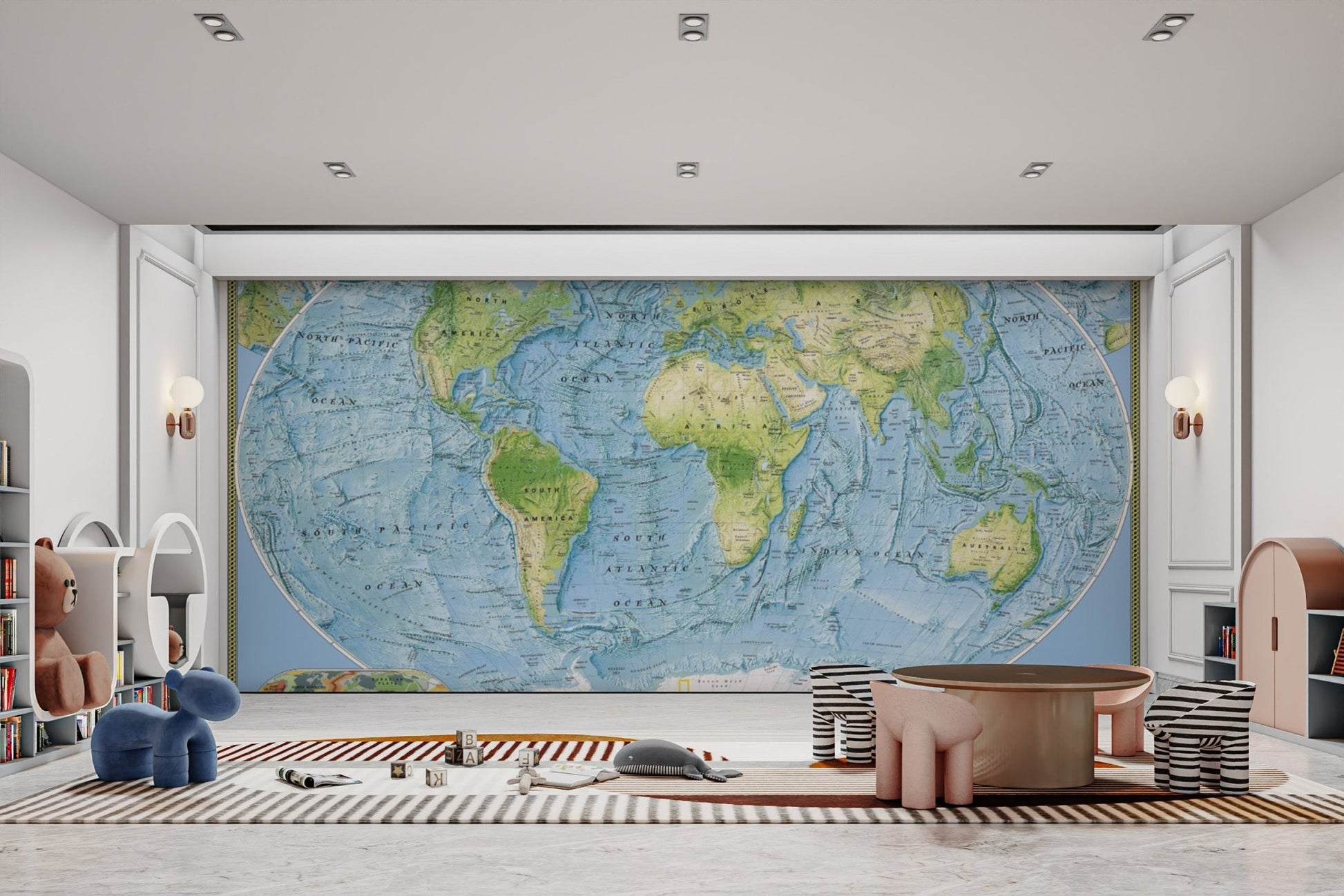 Large-scale world map wall covering
