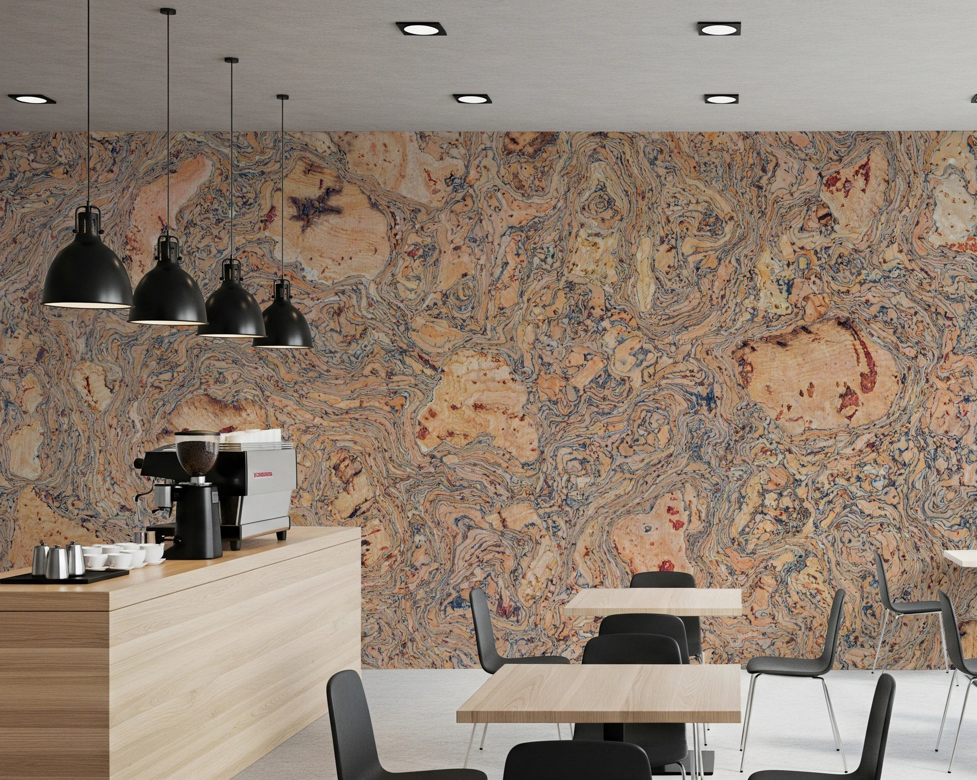 Café with Natural Cork Background Wall Mural and organic cork detailing