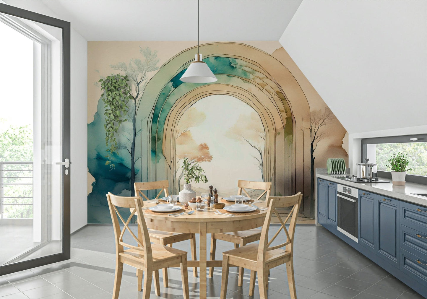 Tranquil forest view through a circular portal

