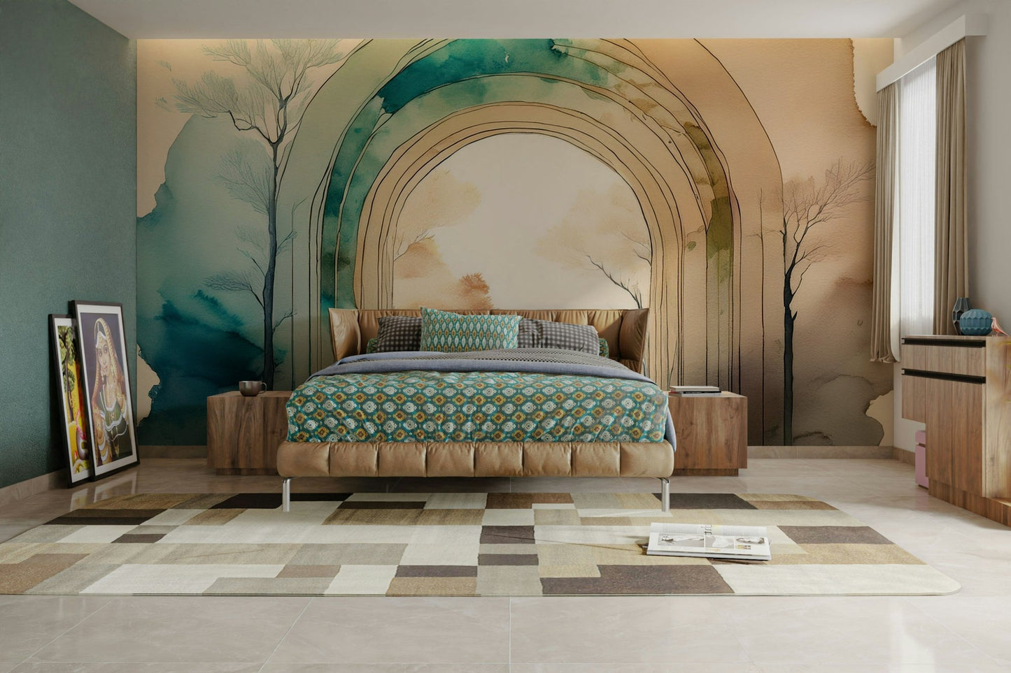 Bedroom accent wall with nature-themed mural

