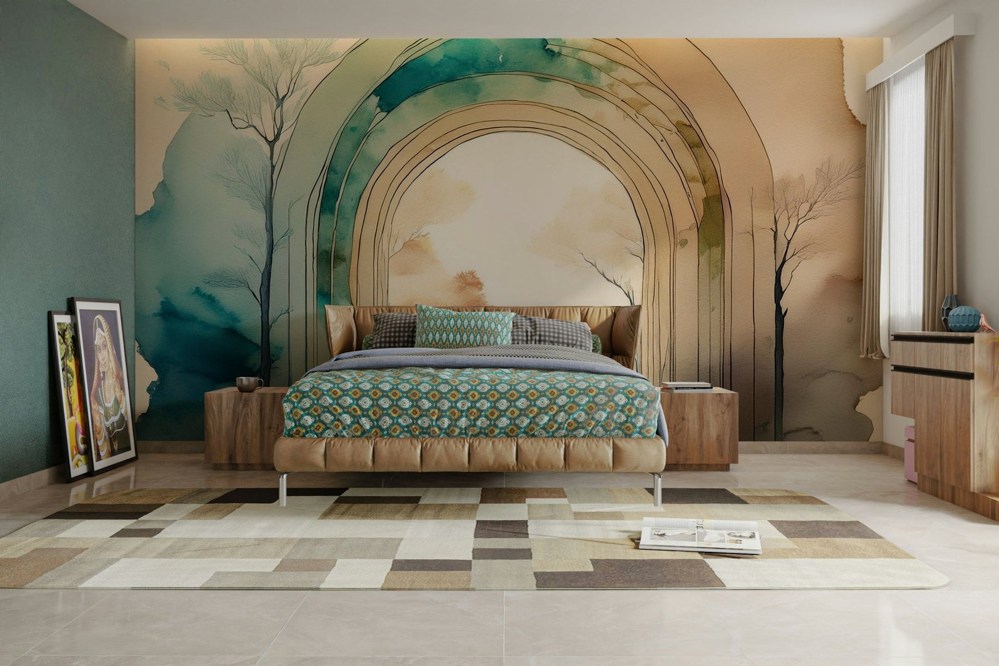 Bedroom accent wall with nature-themed mural

