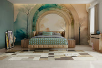 Bedroom accent wall with nature-themed mural

