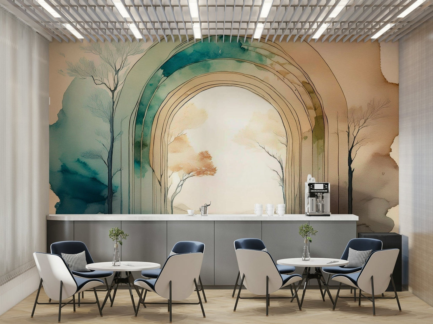 Peaceful portal mural featuring nature elements

