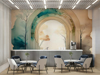 Peaceful portal mural featuring nature elements

