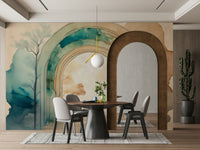 Botanical wall mural with dreamy sky and trees

