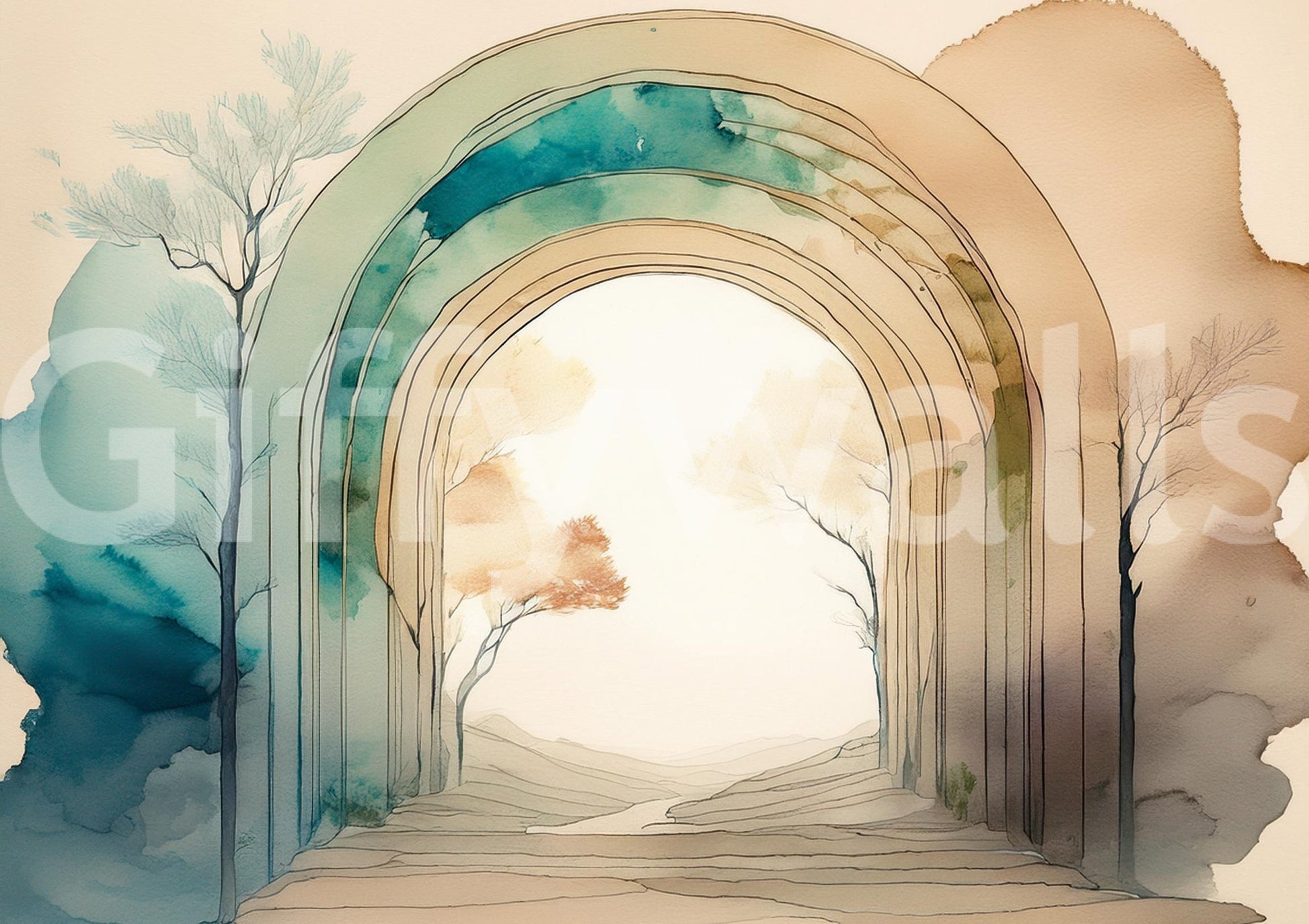 Serene mural with dreamlike forest and sky backdrop

