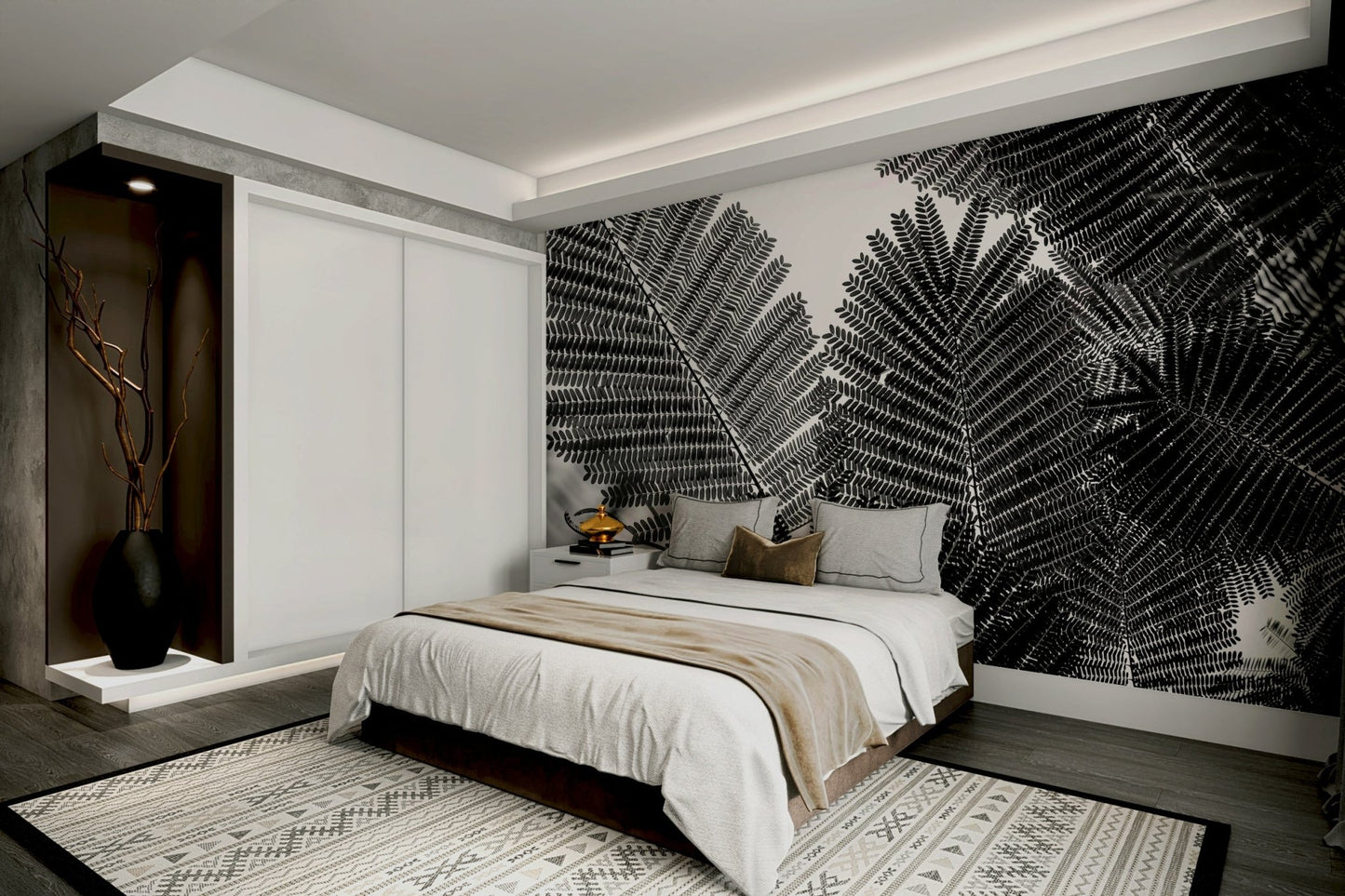 A peaceful geometric abstract mural on decorative wallpaper.


