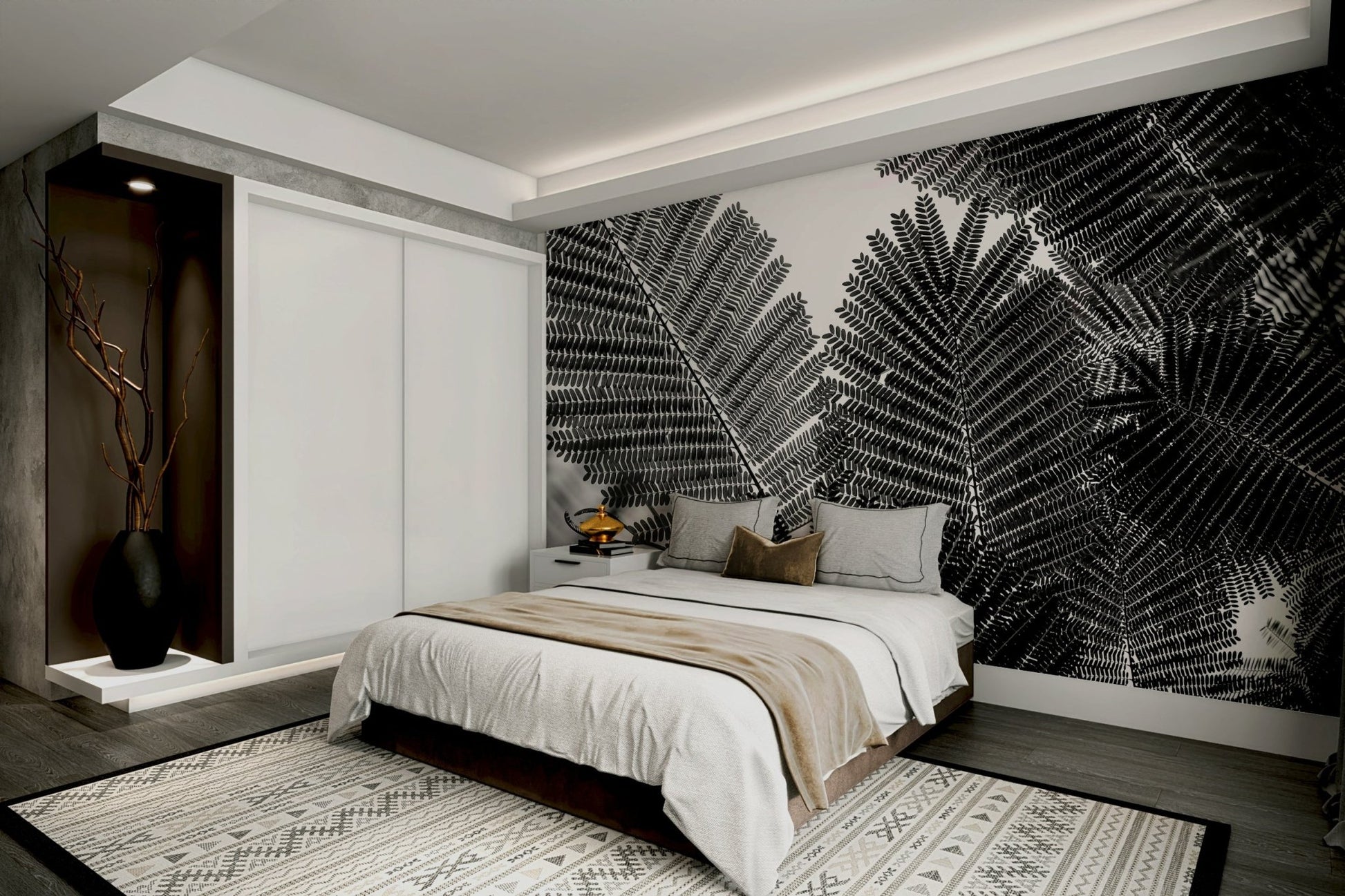 A peaceful geometric abstract mural on decorative wallpaper.

