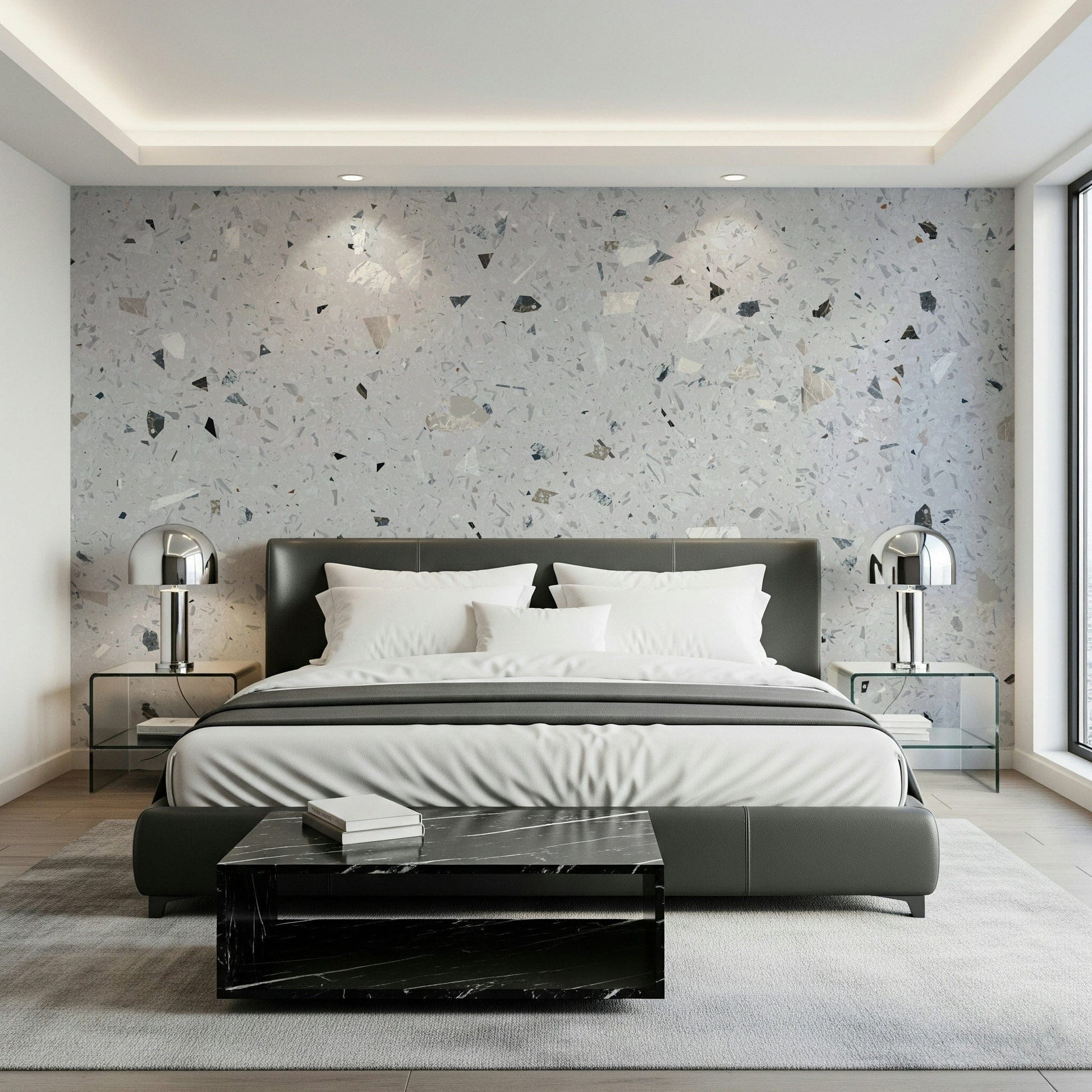 White Terrazzo aggregate design wallpaper surface.