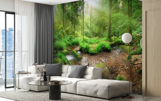 Natural green forest wallpaper with heron B167