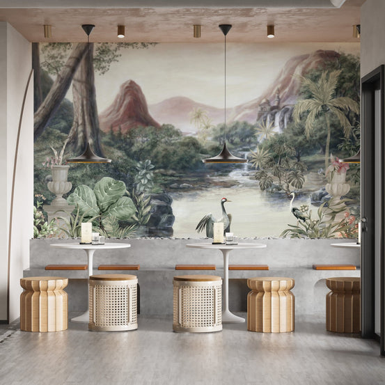 Natural Lining Serene Lake Crane Birds Wall Mural A354