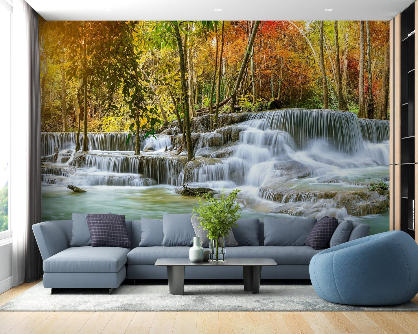Natural Sparkling Waterfall Jungle Wallpaper Mural - Giffywalls