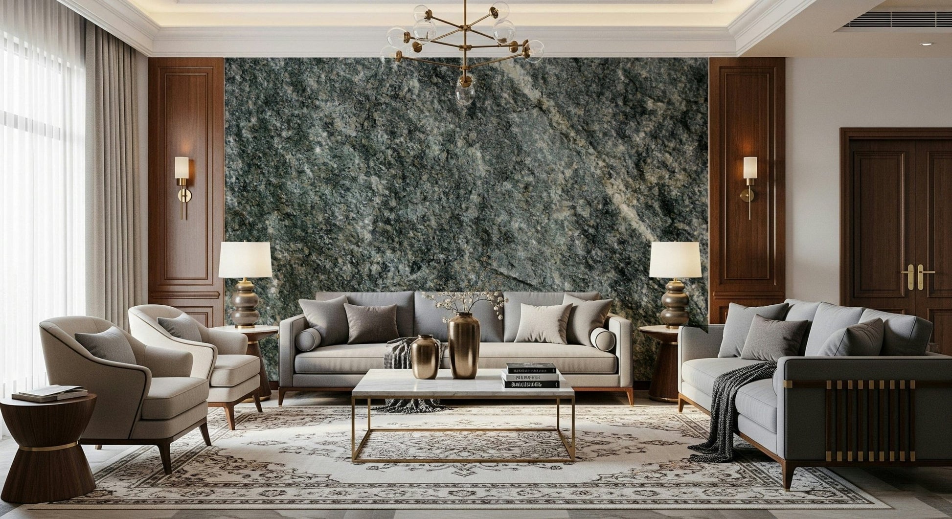 Detail shot of the natural stone finish mural.