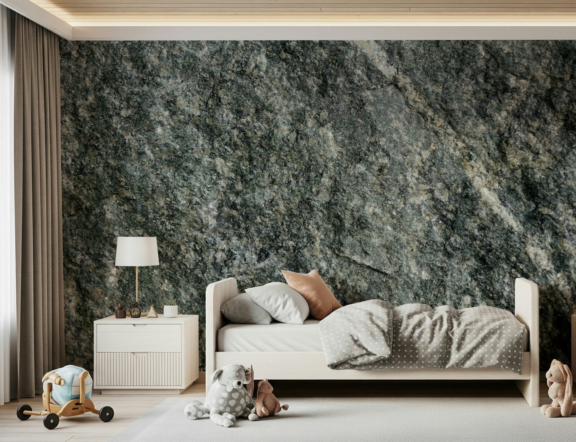 Bedroom accent wall with natural stone finish wallpaper.