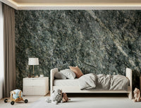 Bedroom accent wall with natural stone finish wallpaper.