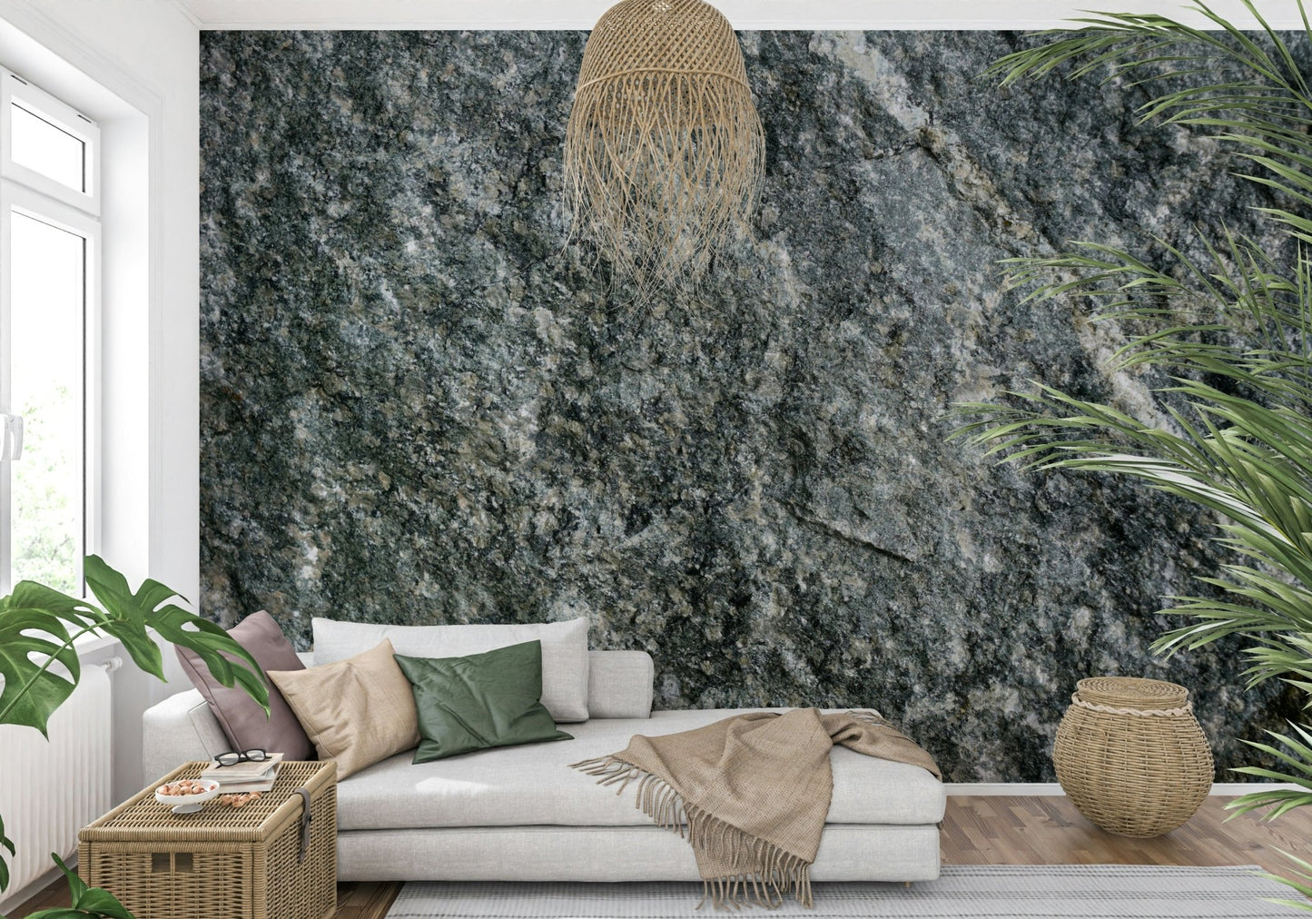 Close-up of natural stone mural's realistic texture.