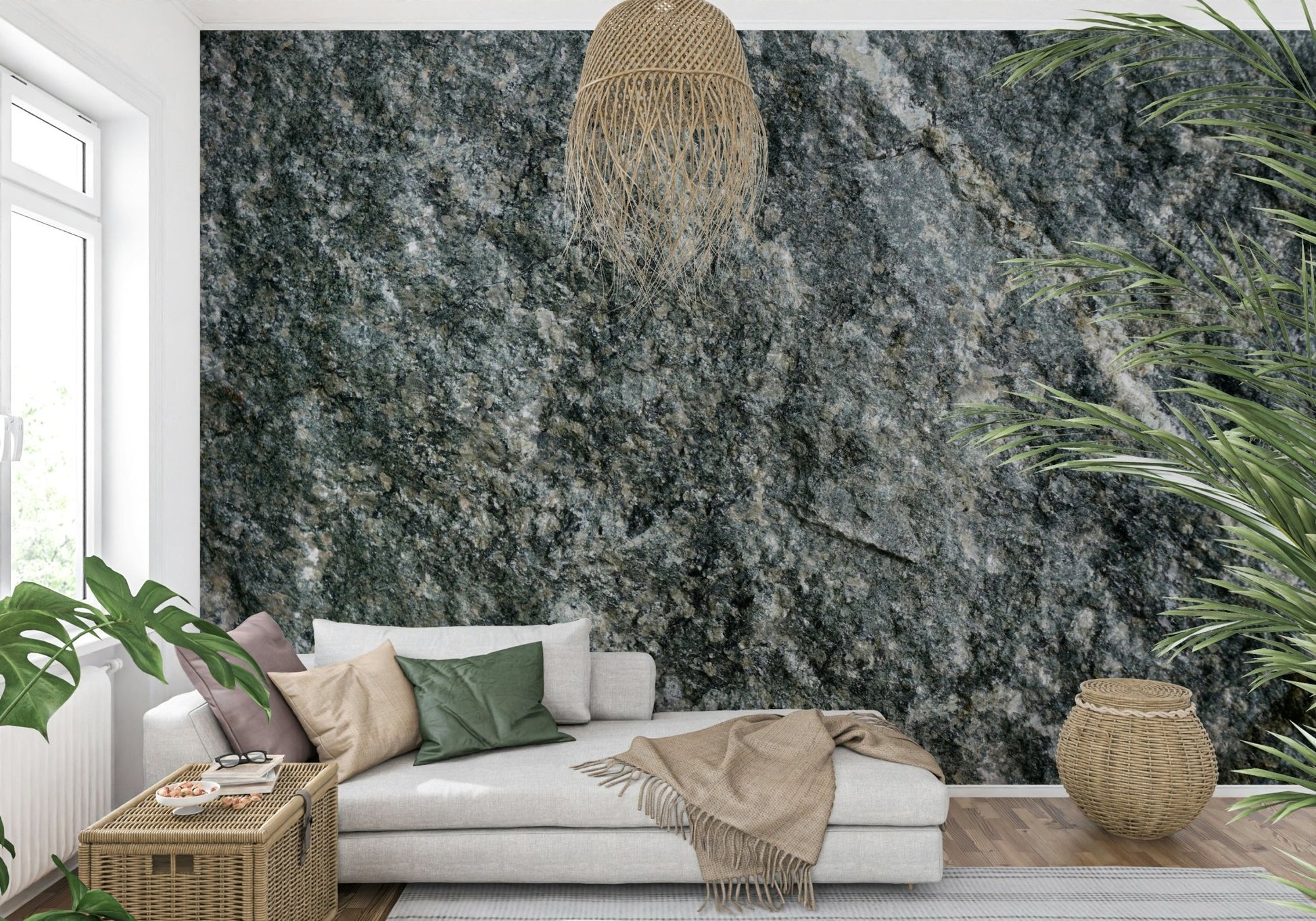 Close-up of natural stone mural's realistic texture.