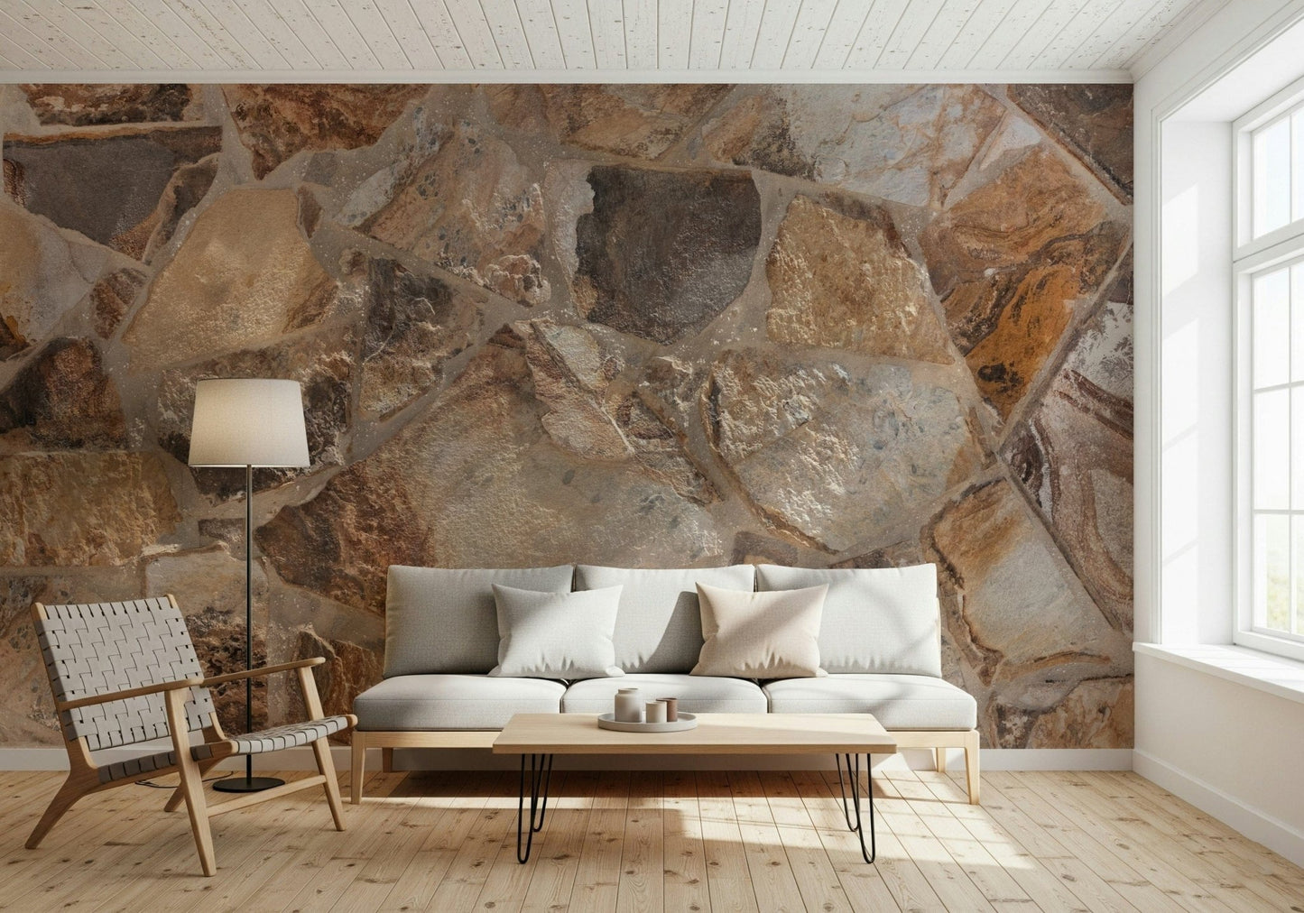 Entryway accent wall with the textured Stone Fusion peel and stick wallpaper.