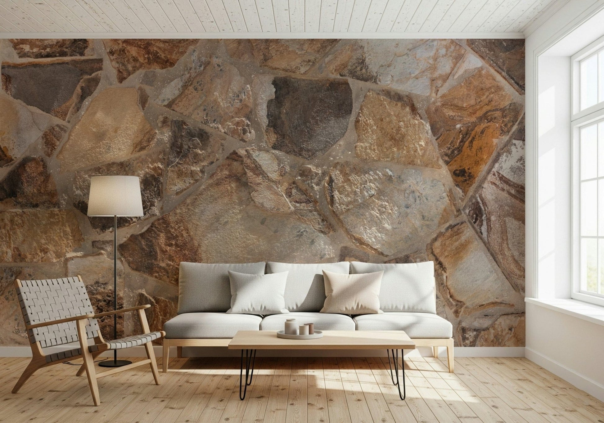Entryway accent wall with the textured Stone Fusion peel and stick wallpaper.