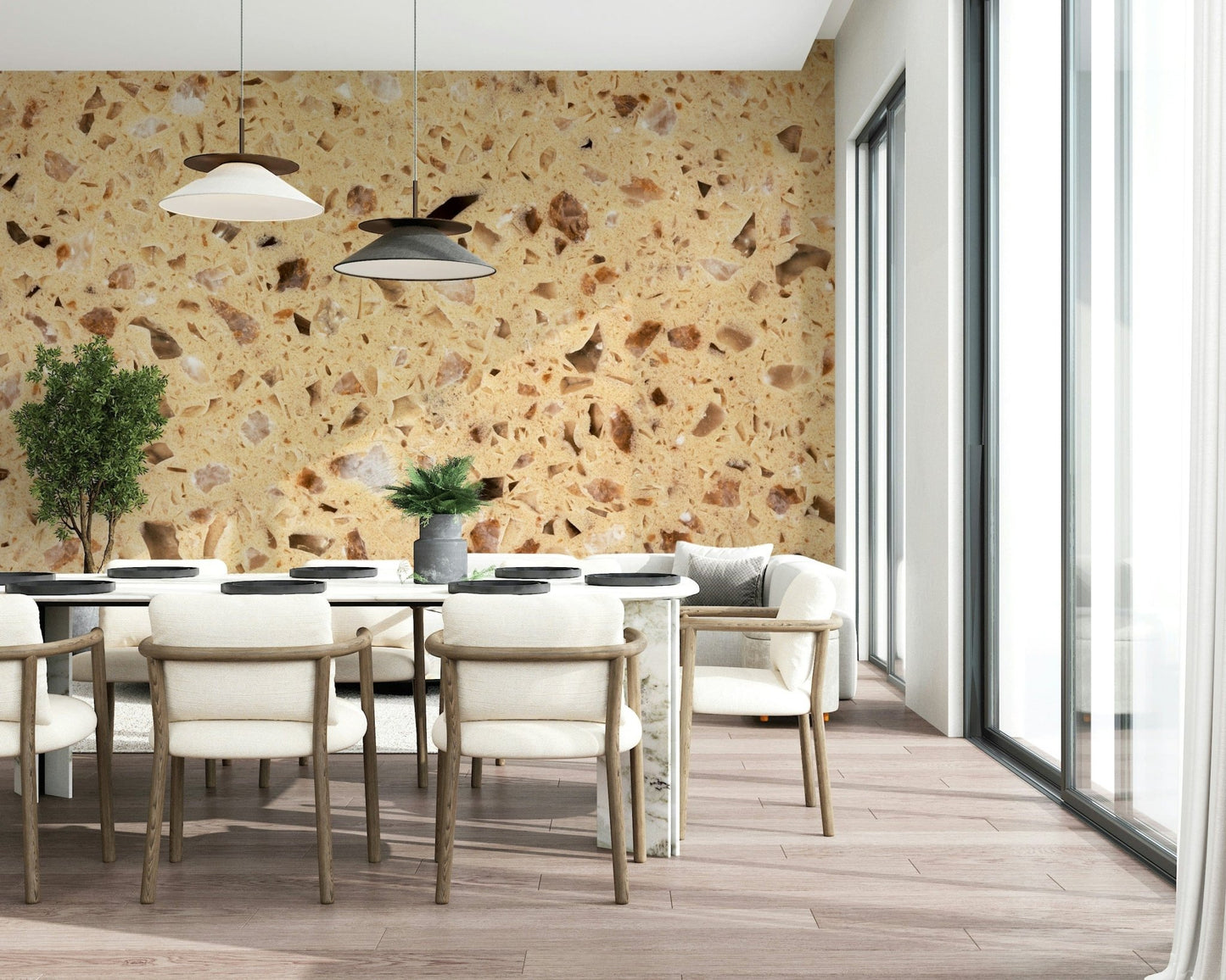 Warm yellow wall covering featuring numerous brown and cream stone fragments.