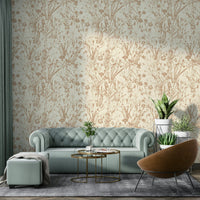 The creamy print wallpaper applied to a wall behind a couch.

