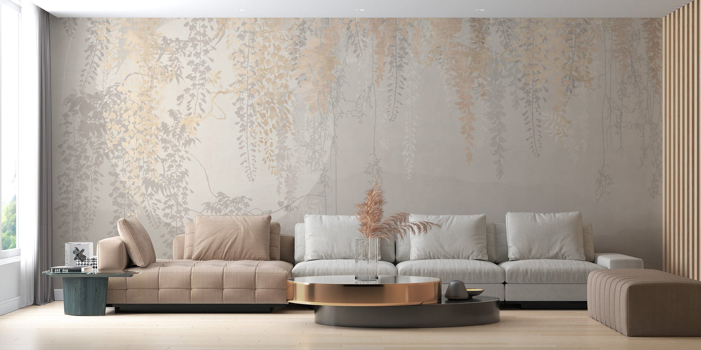 Golden and Grey Hanging Leaves Wallpaper Murals - Giffywalls