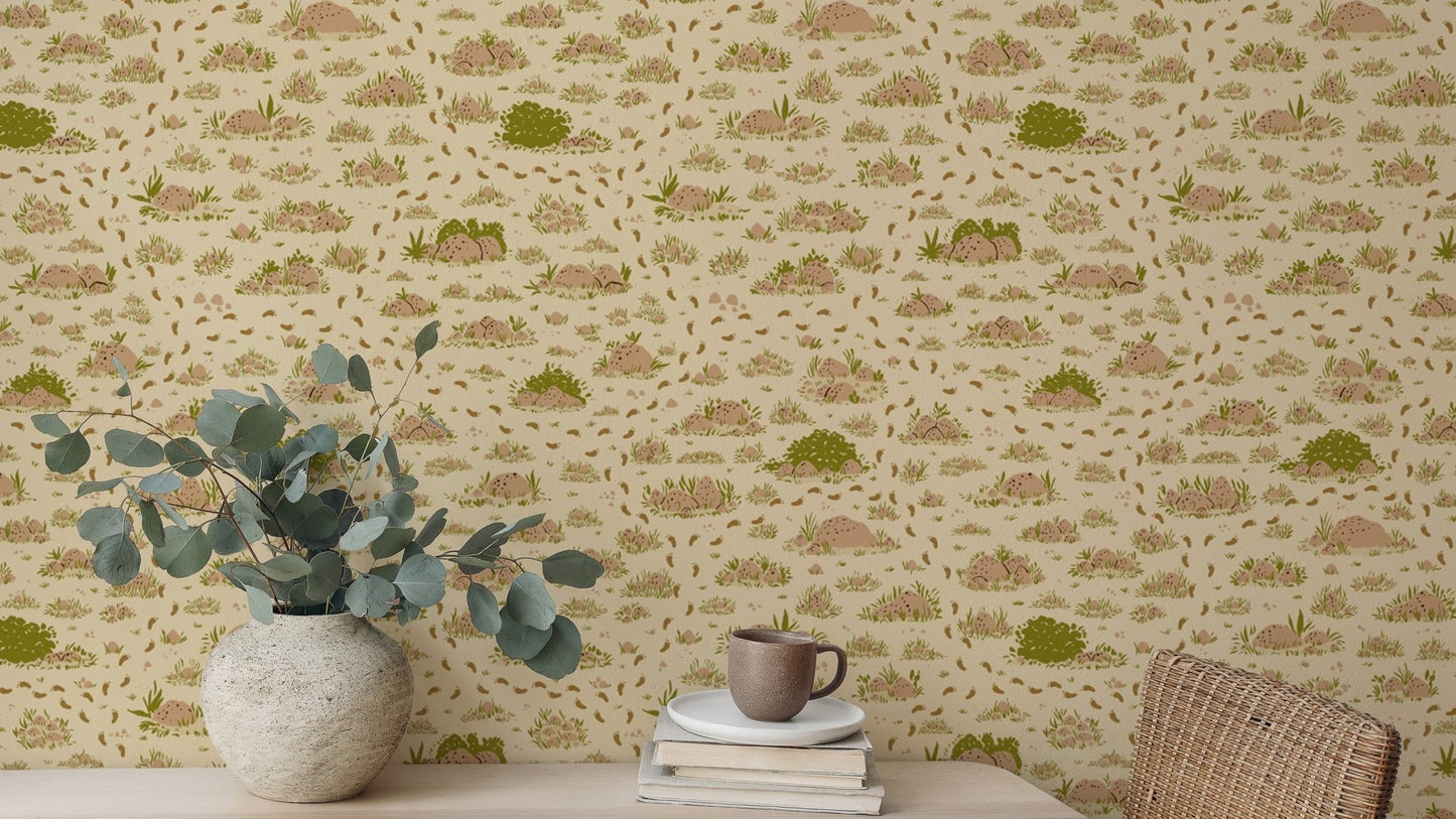 Subtle green and brown grassy wallpaper for walls.