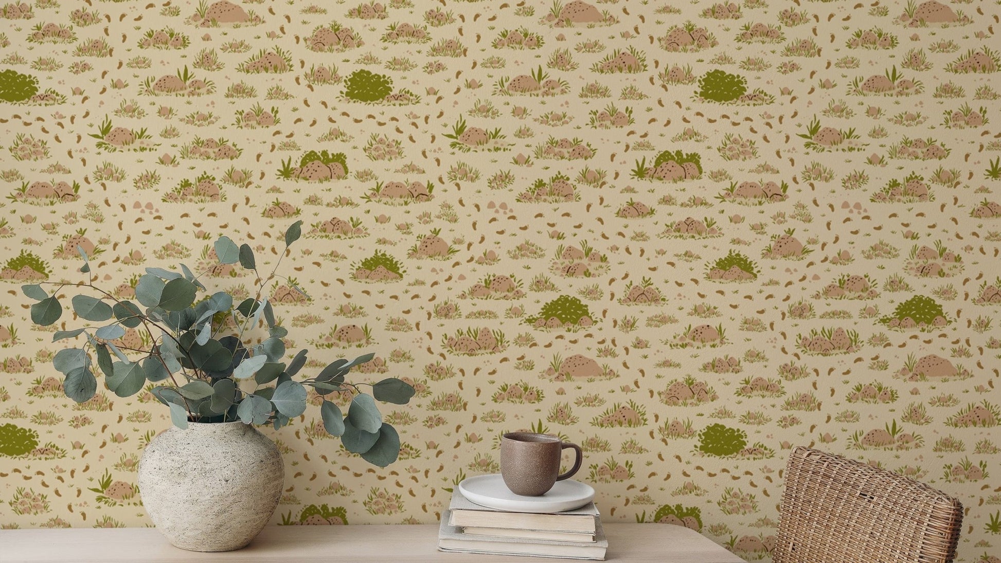 Subtle green and brown grassy wallpaper for walls.