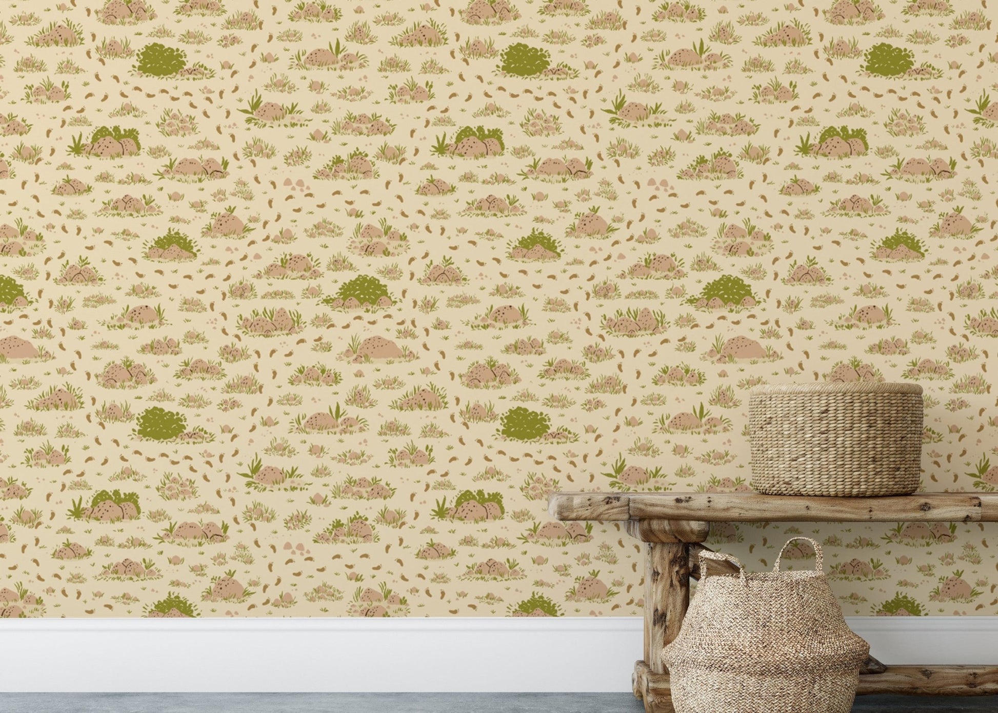 Pastoral landscape design wallpaper in soft tones.