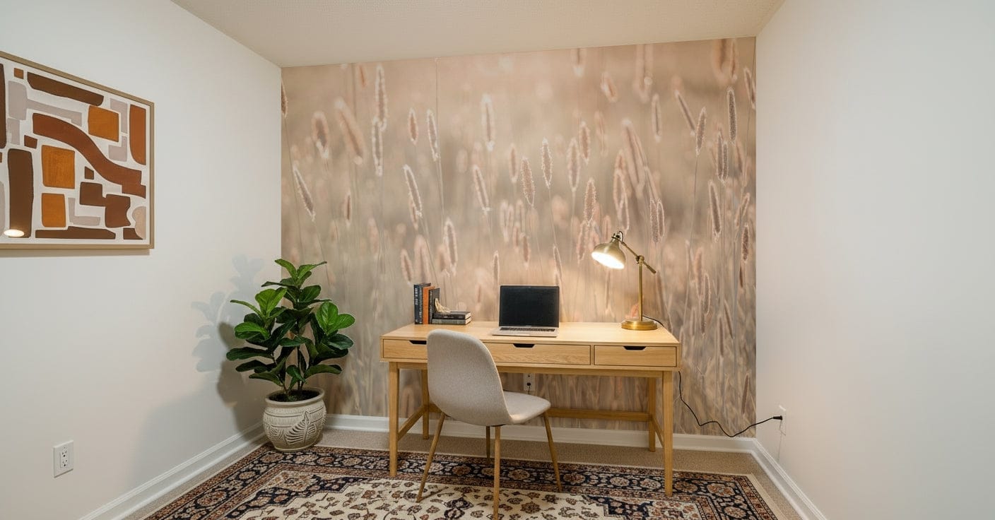 Calm forest wall mural used as a backdrop for a modern home office desk., GD6454