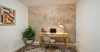 Calm forest wall mural used as a backdrop for a modern home office desk., GD6454