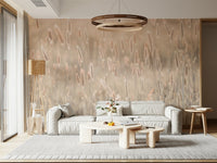 Artistic leaf motif wallpaper with soft light filtering through a nearby window., GD6454