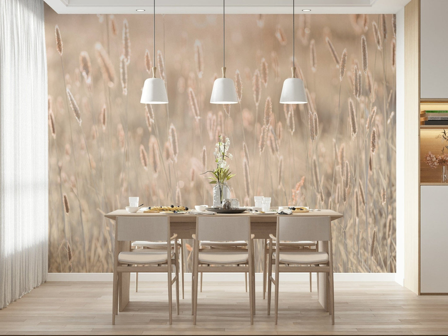 Muted green and earth tone scenery wallpaper on a large living room feature wall., GD6454