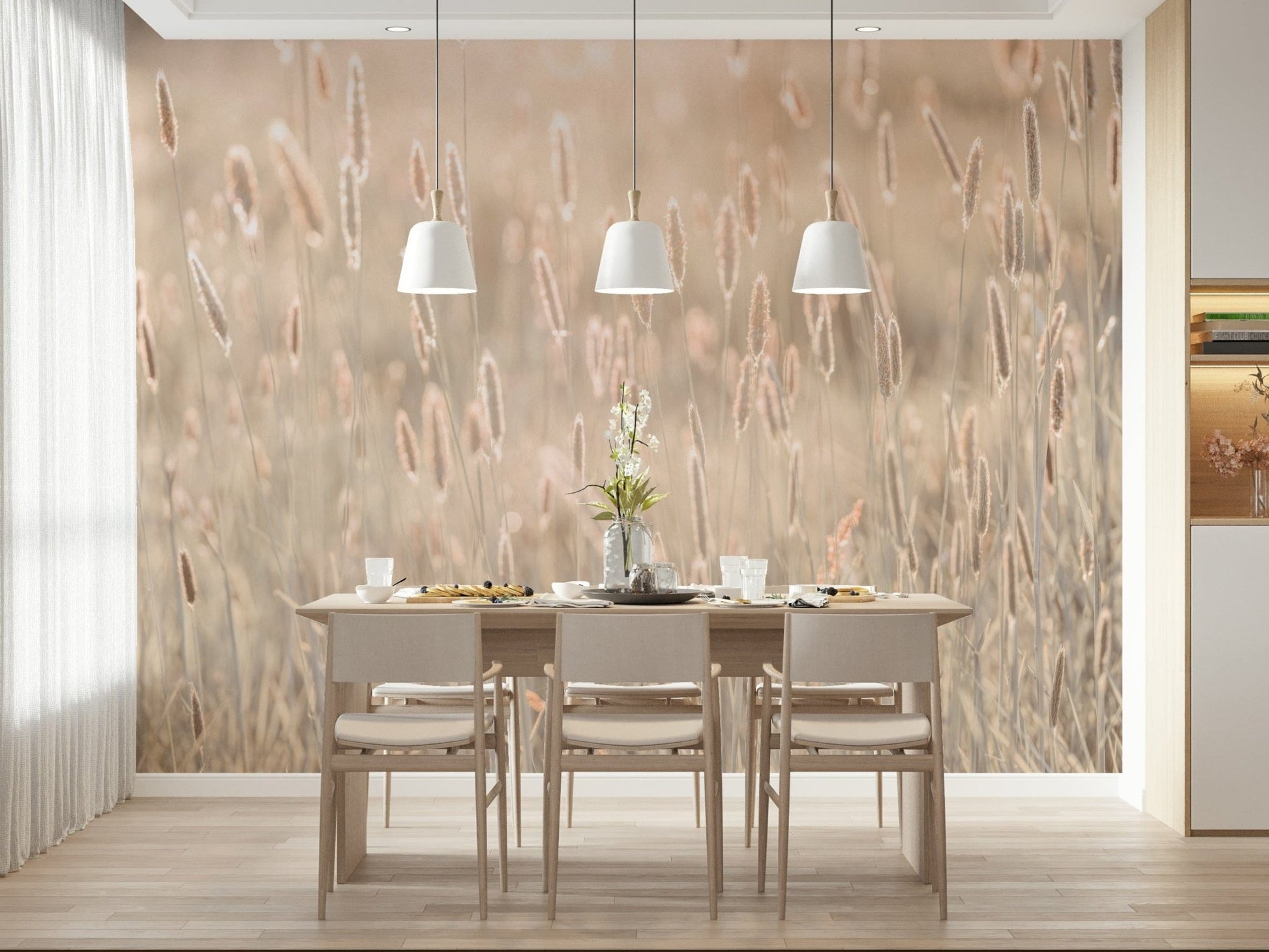 Muted green and earth tone scenery wallpaper on a large living room feature wall., GD6454