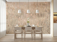 Muted green and earth tone scenery wallpaper on a large living room feature wall., GD6454