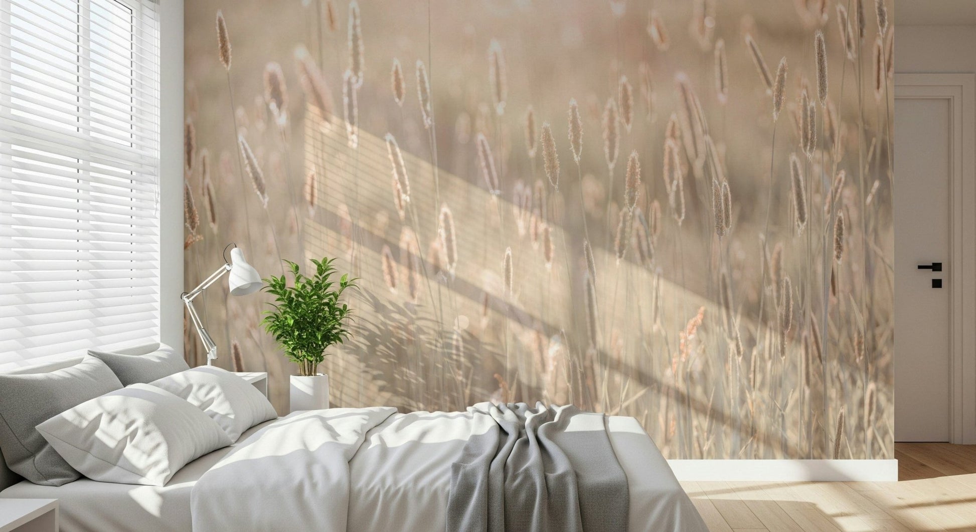 Soft botanical landscape wallpaper behind a wooden bed frame in a master bedroom., GD6454