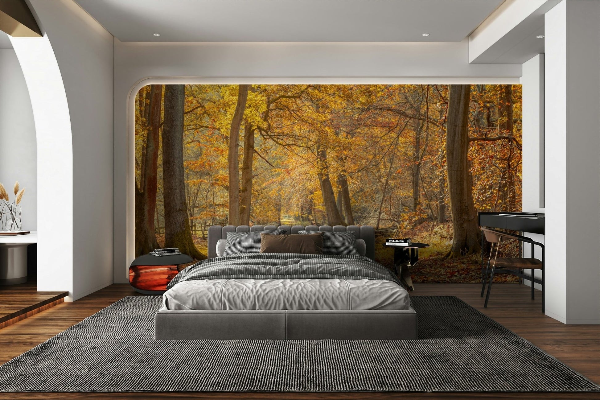 Forest path covered in golden foliage for a peaceful scene

