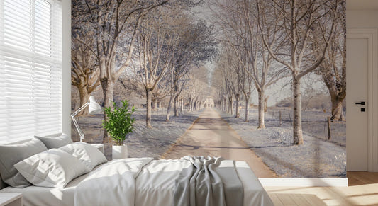 Bedroom with Nature's Corridor wall mural and tree-lined path