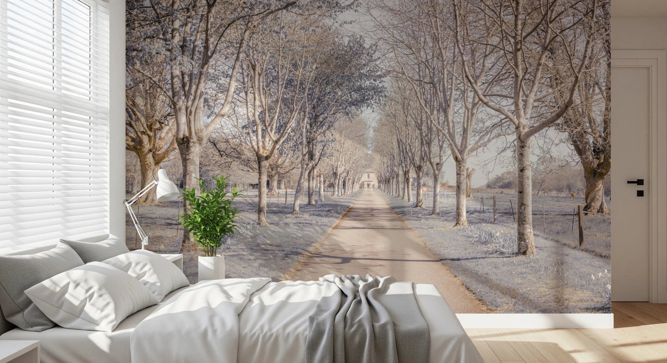 Bedroom with Nature's Corridor wall mural and tree-lined path