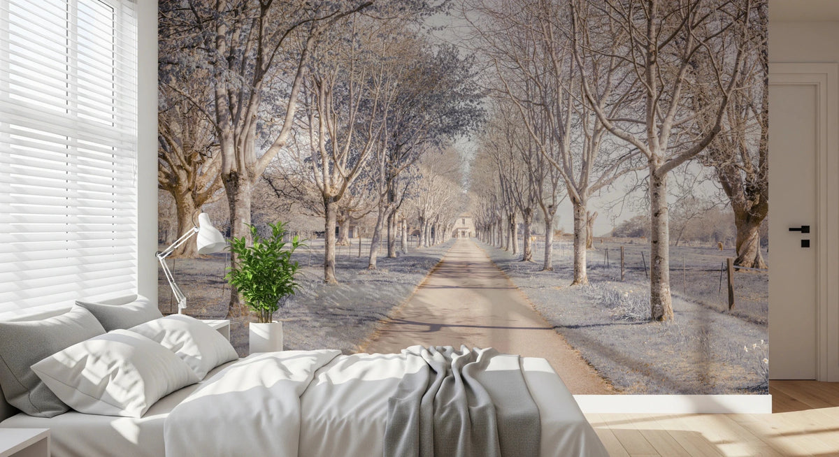 Bedroom with Nature's Corridor wall mural and tree-lined path, GD8836